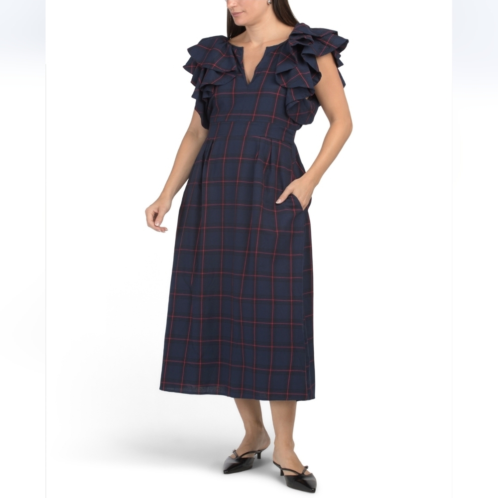 Sugar Lips Women's Plaid Ruffle Sleeve Midi Dress